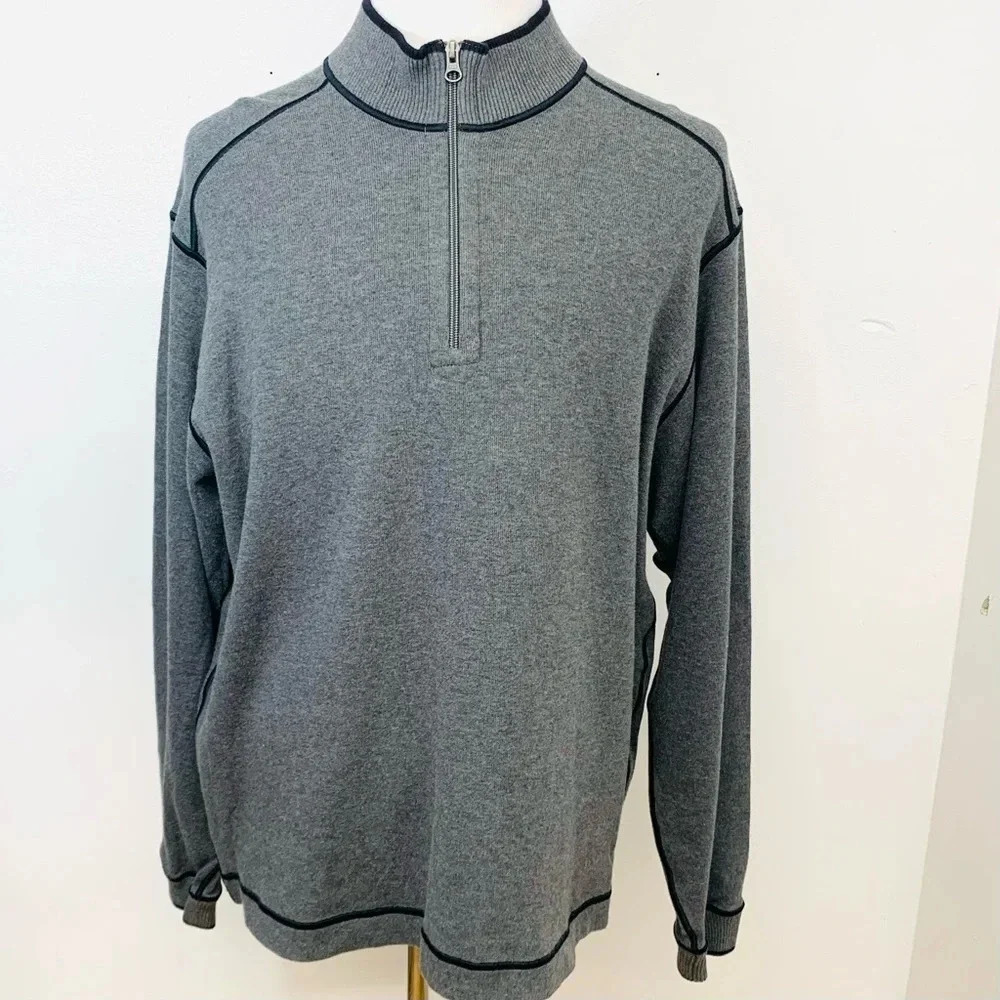 Cutter Buck Sweater Men XL Gray 1/4 Zip Long Sleeve 100% Cotton Rib Knit Classic